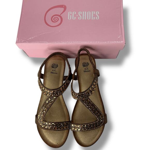 NEW GC Shoes Sandals Size 8 Brown rhinestone Embellished Low Wedge Strappy Boho - Picture 10 of 13